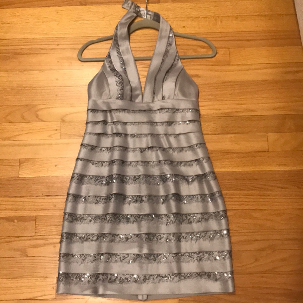 BCBG grey/silver halter cocktail dress.